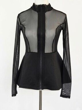 Revamped Size Small Black Mesh Zip Front Sheer Long Sleeves Flared Peplum‎ Waist